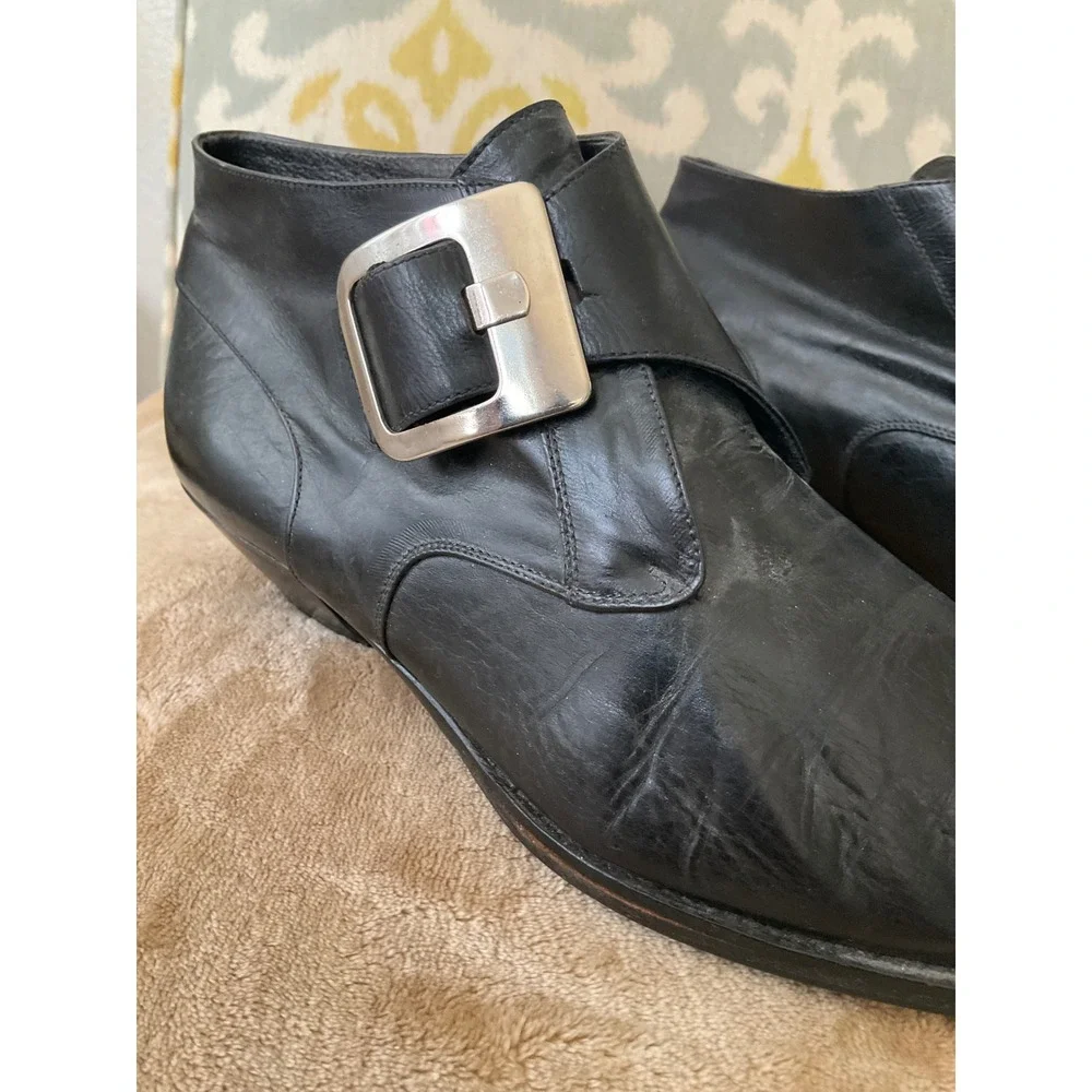 Browns Italy Black Leather Buckle Ankle Boots Pointed Toe Cone Heel Size 38